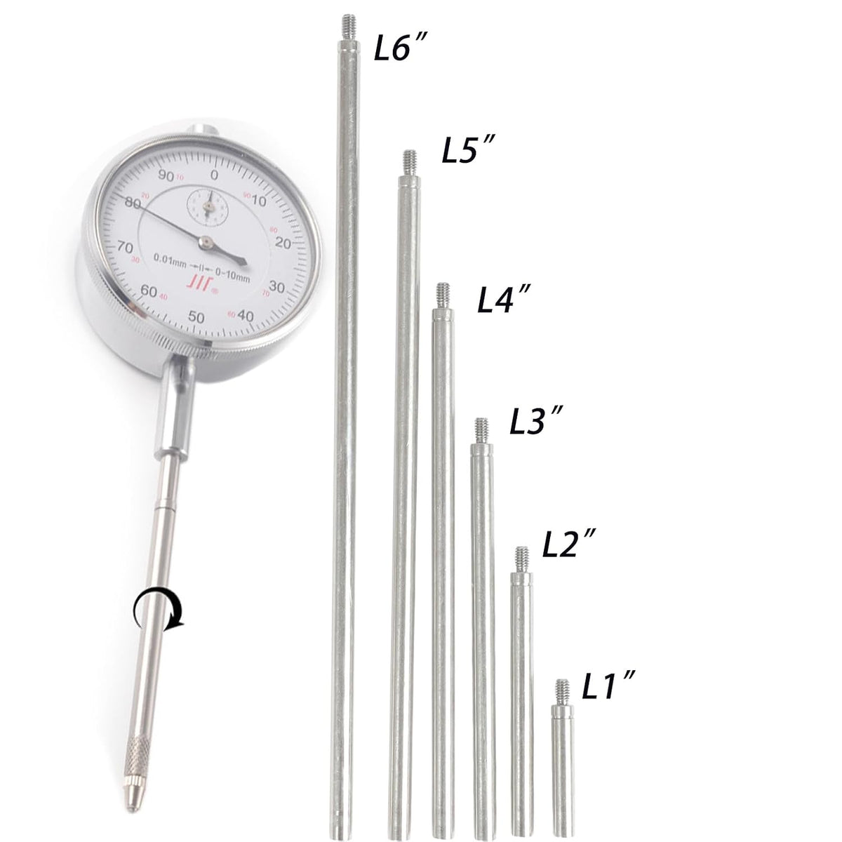 6pcs Dial Indicator Extension Stem Rod, 1",2",3",4",5",6" 4-48 UNF Thread