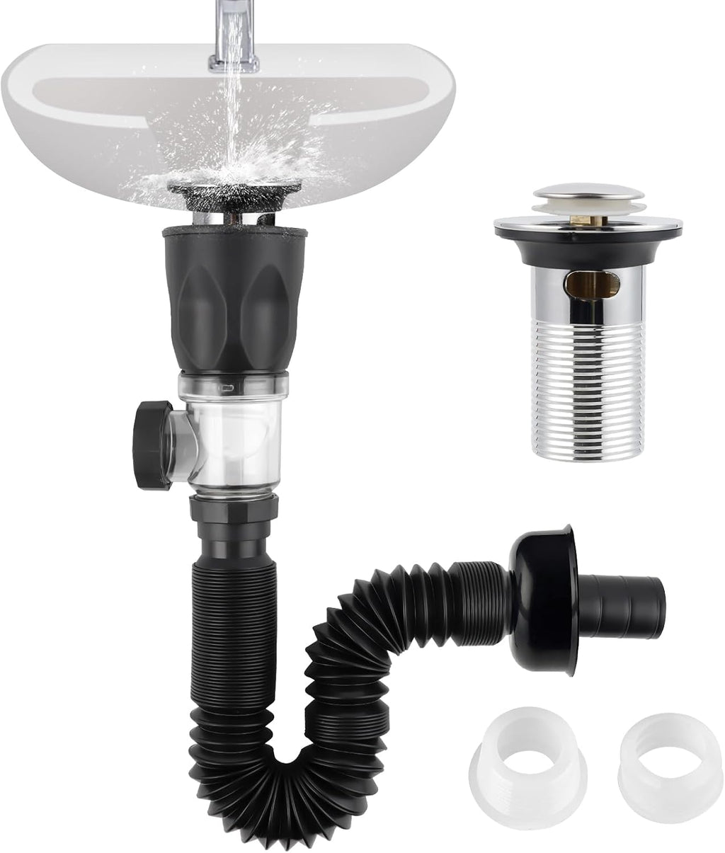 Bathroom Sink Drain Kit, Drain Pipe with Pop-Up Strainer Stopper, Chrome | Hair Catcher/Expandable/Flexible Bathroom