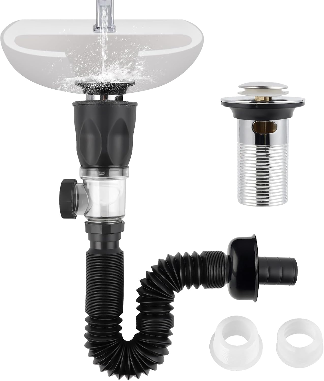 Bathroom Sink Drain Kit, Drain Pipe with Pop-Up Strainer Stopper, Chrome | Hair Catcher/Expandable/Flexible Bathroom