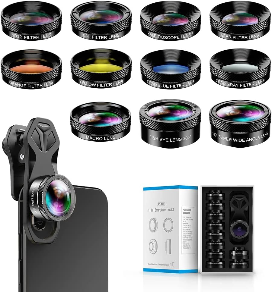 11 in 1 Phone Camera Lens Kit - Wide Angle Lens & Macro Lens+Fisheye Lens+ND32//CPL/Color Lens/Star+Kaleidoscope Lens