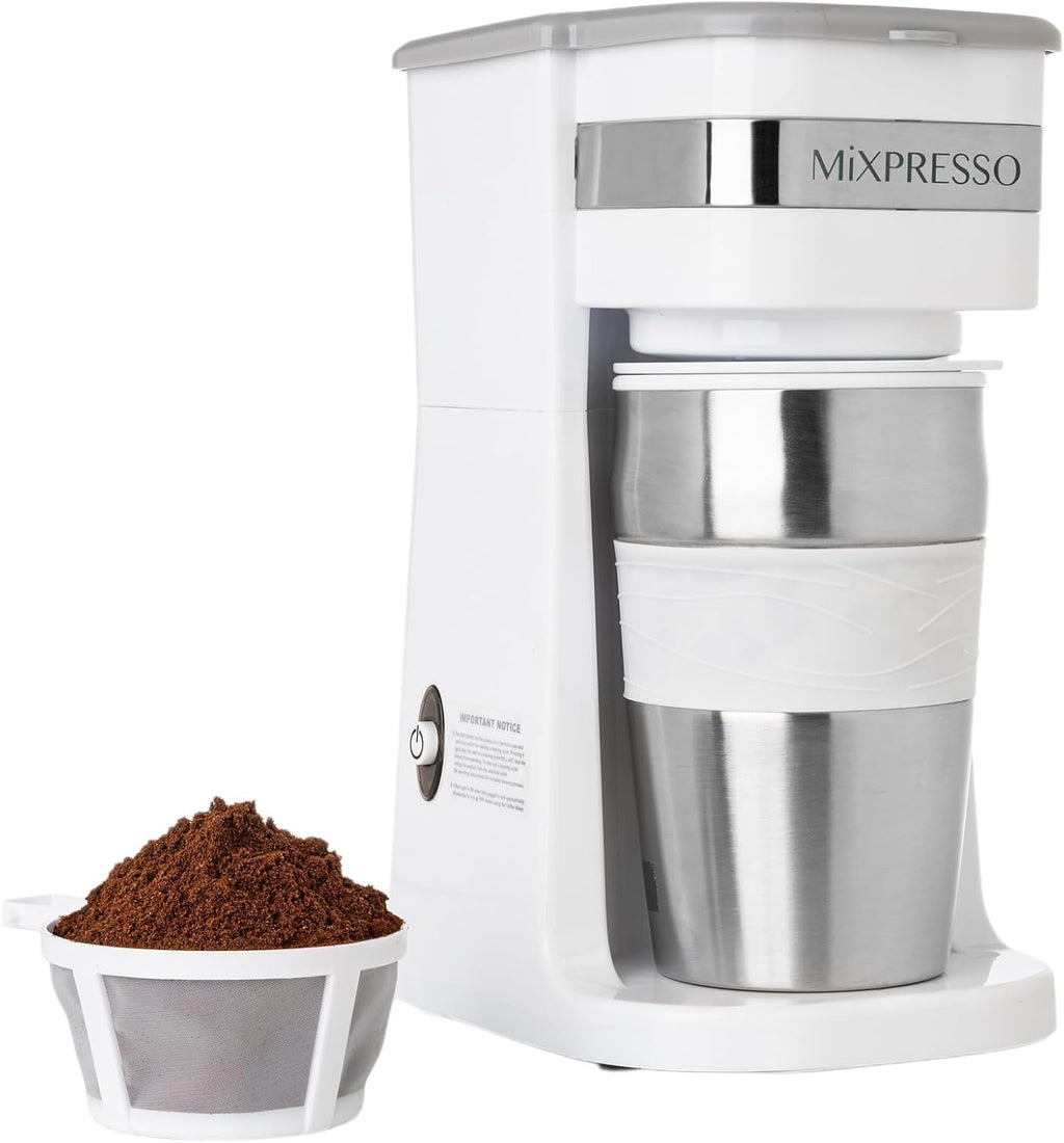 Single Serve & Single Cup Coffee Maker with 14oz Travel Mug White | For ground coffee only, reusable filter, auto