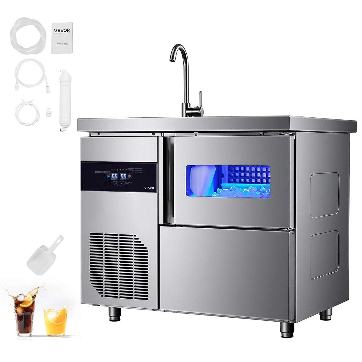 Commercial Ice Maker Machine, 132 lbs/24H Stainless Steel Worktop Ice Machine with Sink, 30 lbs Storage & 70