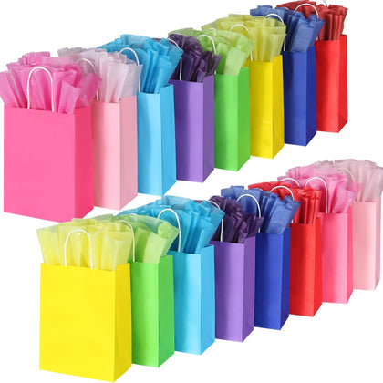32 Pieces Gift Bags with 32 Tissues, 8 Colors Party Favor Bags with Handles, Rainbow Gift Bag for Wedding, Birthday