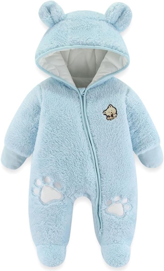 Newborn Baby Snowsuit Bear Outfit Footie Romper Winter Thick Fleece Jumpsuit Infant Coat for Girls Boys 0-12M