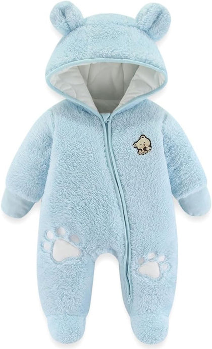 Newborn Baby Snowsuit Bear Outfit Footie Romper Winter Thick Fleece Jumpsuit Infant Coat for Girls Boys 0-12M