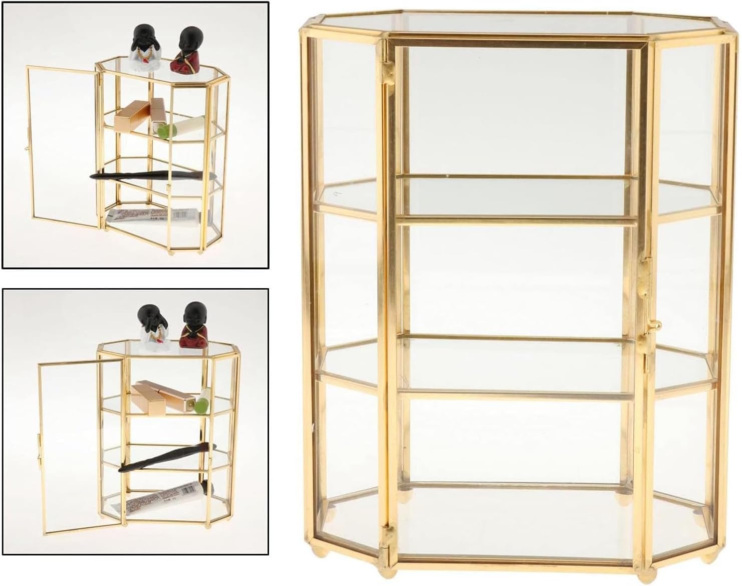 3-Tier Gold Glass Jewelry Makeup Organizer Box | Transparent glass display case for jewelry and cosmetic storage