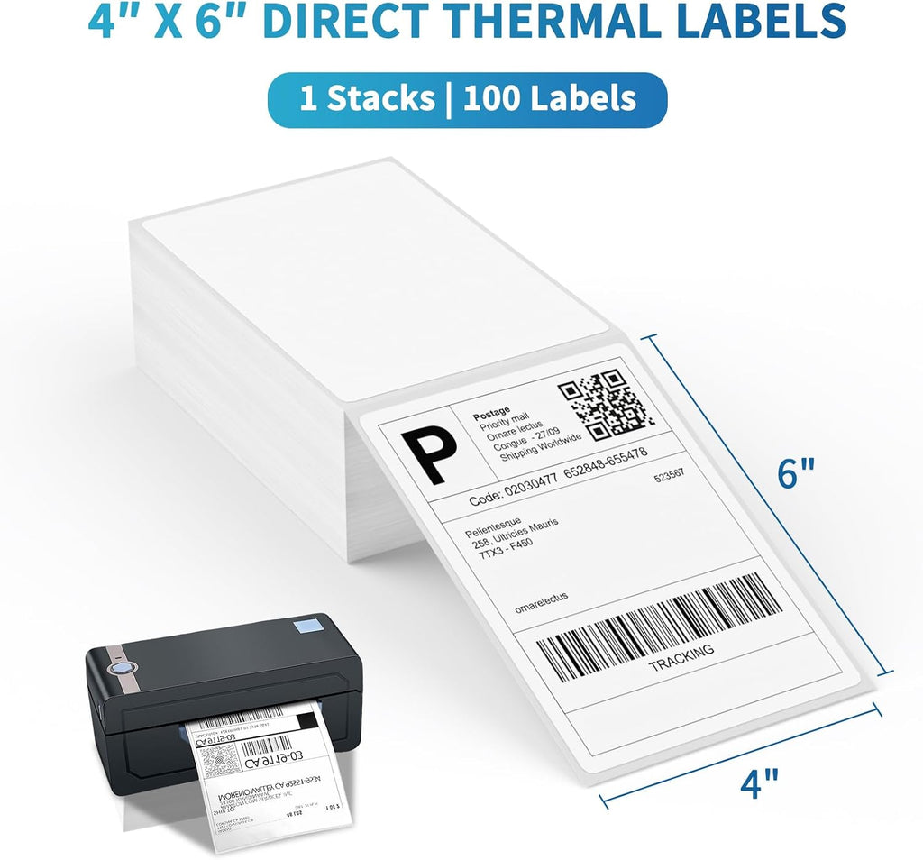 4 x 6 Thermal Labels - Pack of 100 Fanfold Labels for Direct Thermal Printer, White Perforated Shipping Label,100