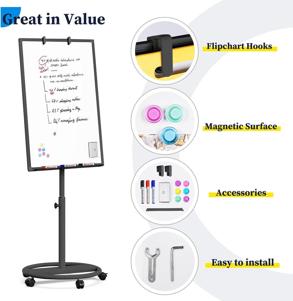 White Mobile Whiteboard 36 x 24 in, Magnetic Dry Erase Easel | Portable Easel Board With Stand, Flipchart Hooks