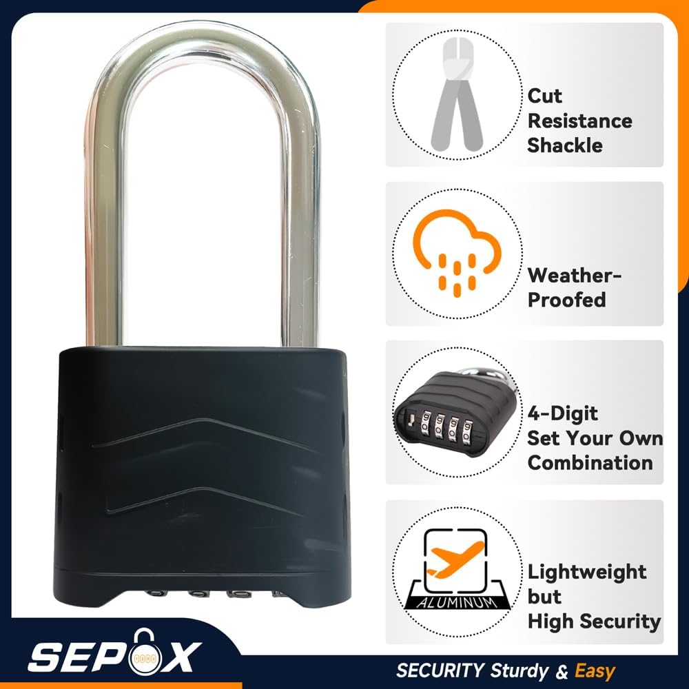 Combination Padlock Bundle – 2 Extra Long Shackle + 10 55mm Weatherproof Uncuttable for Home/Warehouse
