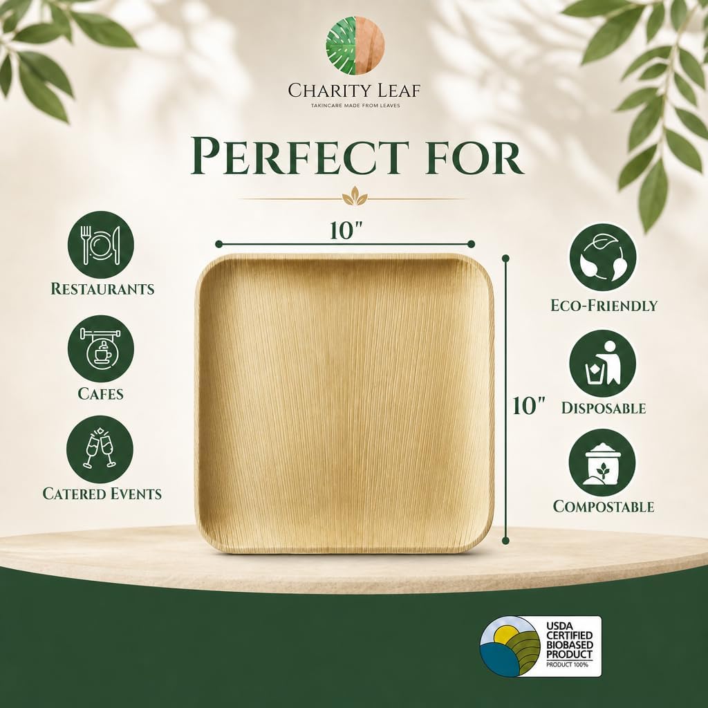 Compostable Bamboo 10" Square Dinner Plates (50-pack) | Premium, 100% Natural, Disposable, Heavy Duty | Perfect for