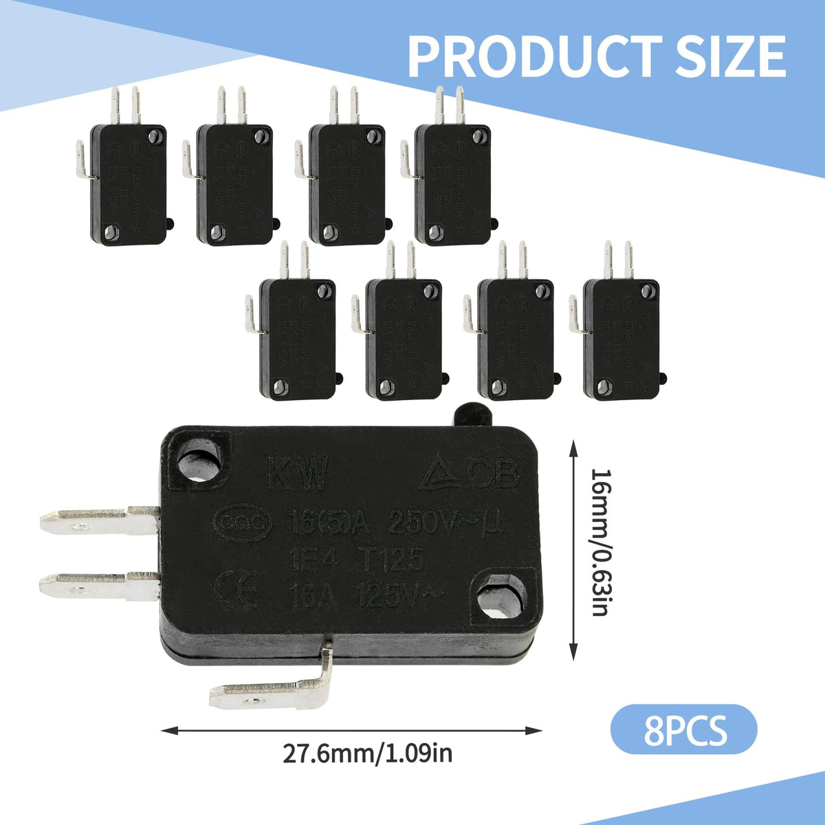 8 Pack KW7-0 Micro Contact Switch, 2-Pin Normally Open, 16A 125V-250V