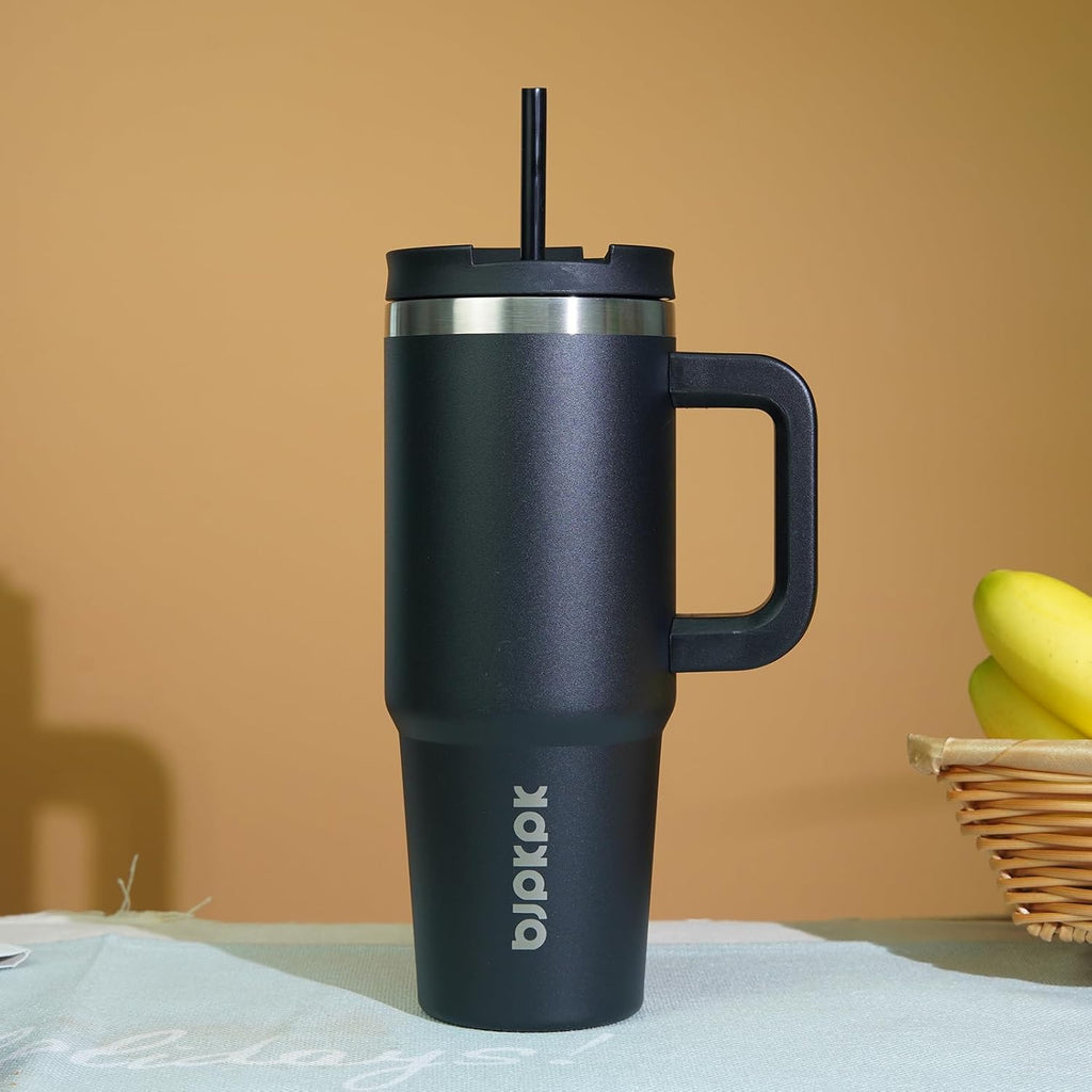 30 oz Insulated Tumbler with Handle & Straw, Stainless Steel | Double Wall Vacuum Insulation, Leak Proof, BPA Free