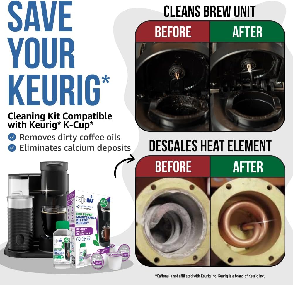 Caffenu Keurig Compatible Descaling Solution and Cleaning Pods Kit, 4 Uses