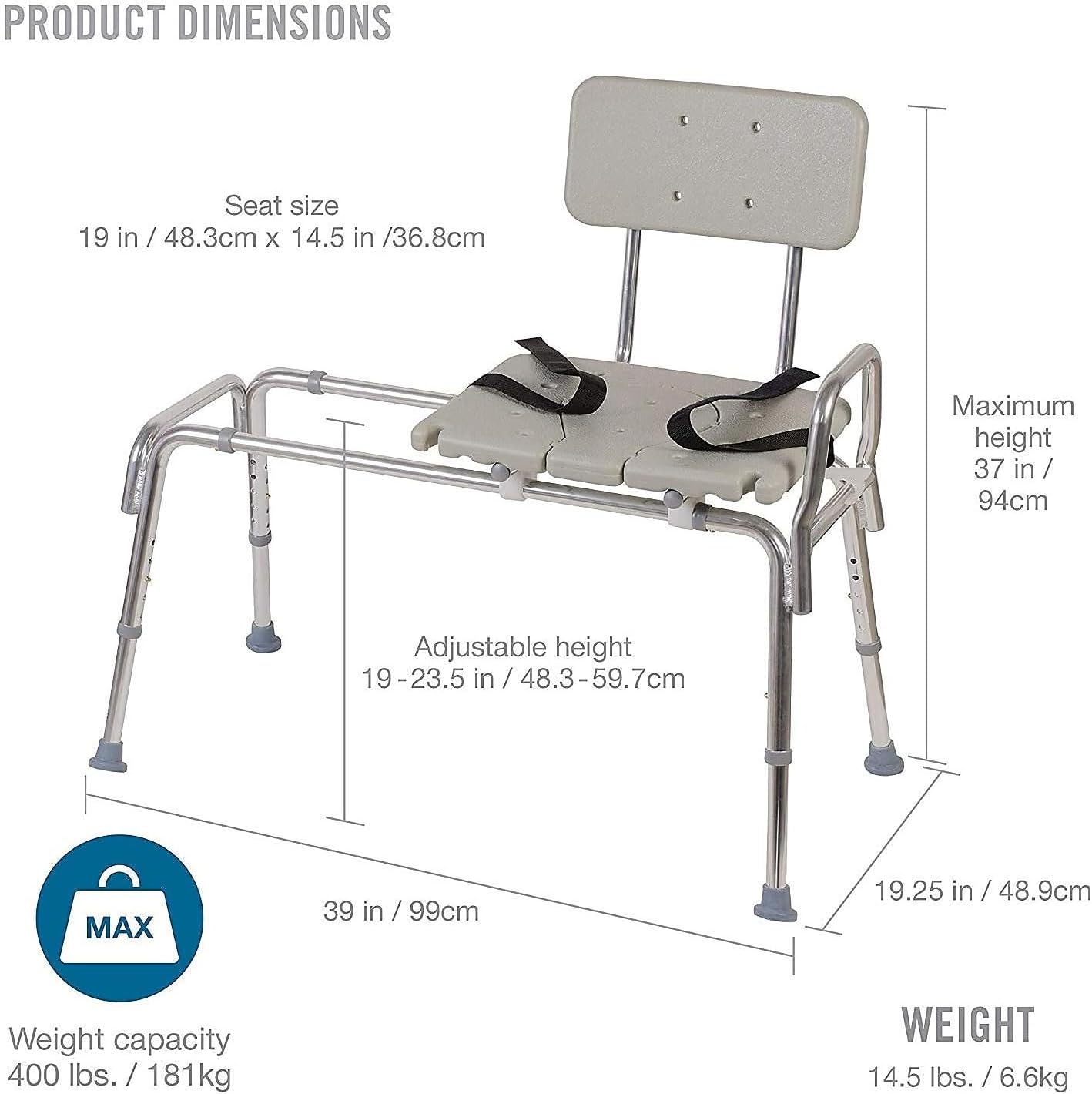 Tub Transfer Bench and Shower Chair with Non Slip Aluminum Body, FSA Eligible, Adjustable Seat Height and Cut Out