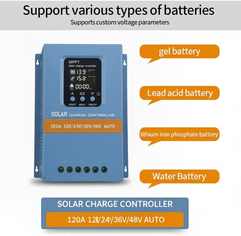 Solar Charge Controller 120A 12V 24V 36V 48V Intelligent Recognition LCD Display Battery Intelligent Regulator