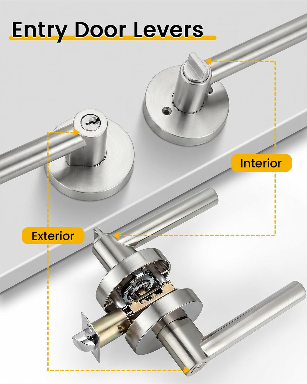 Brushed Nickel Entry Door Handles with Lock and Key 2 Pack