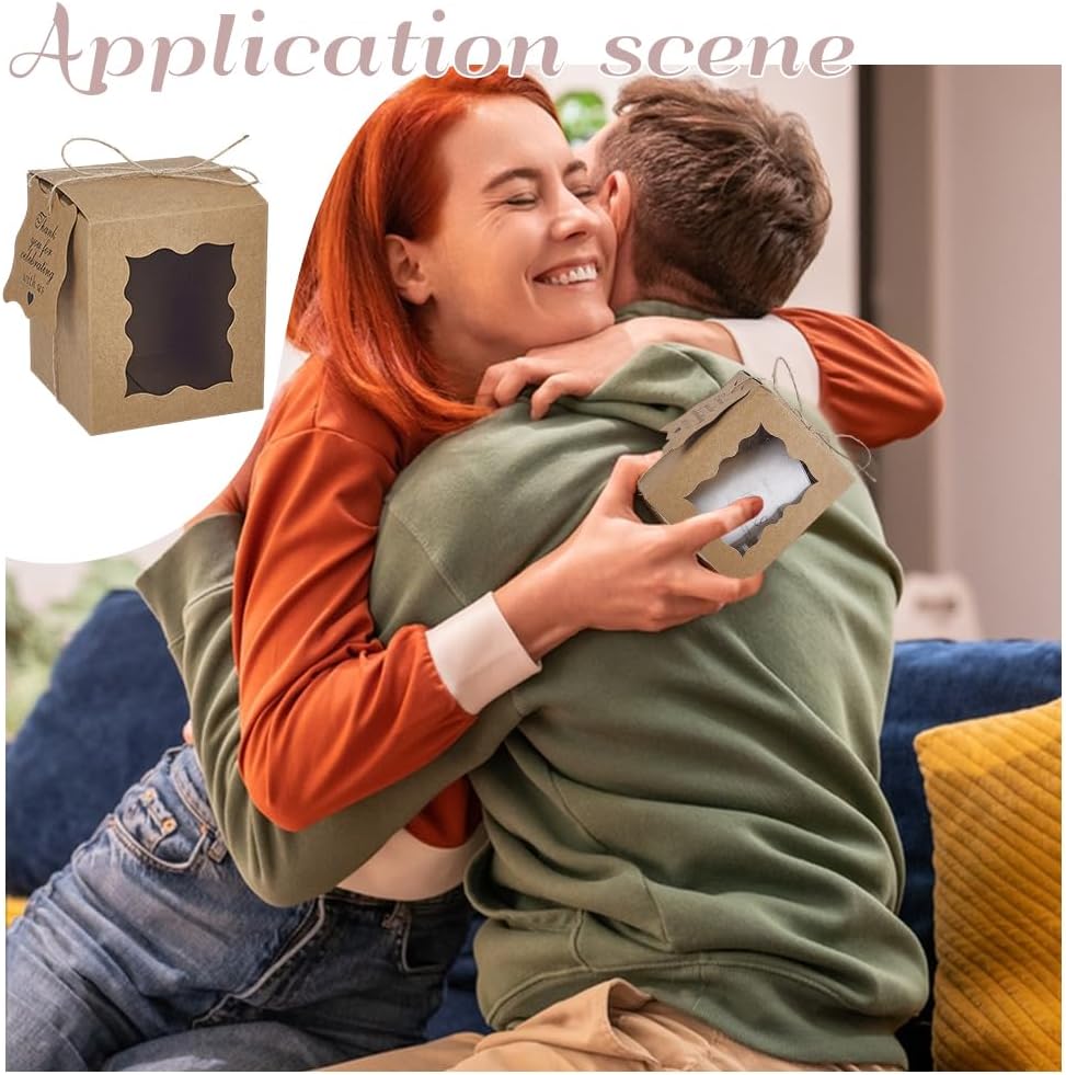 100 Set Brown Candle Gift Boxes 3.35x3.35x3.94inch Kraft Paper Gift Boxes Rectangle Packaging Box with Visible Window