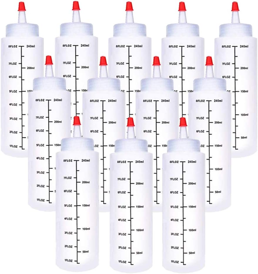 12 Pack 8 oz Plastic Squeeze Bottles with Red Tip Cap and Scale