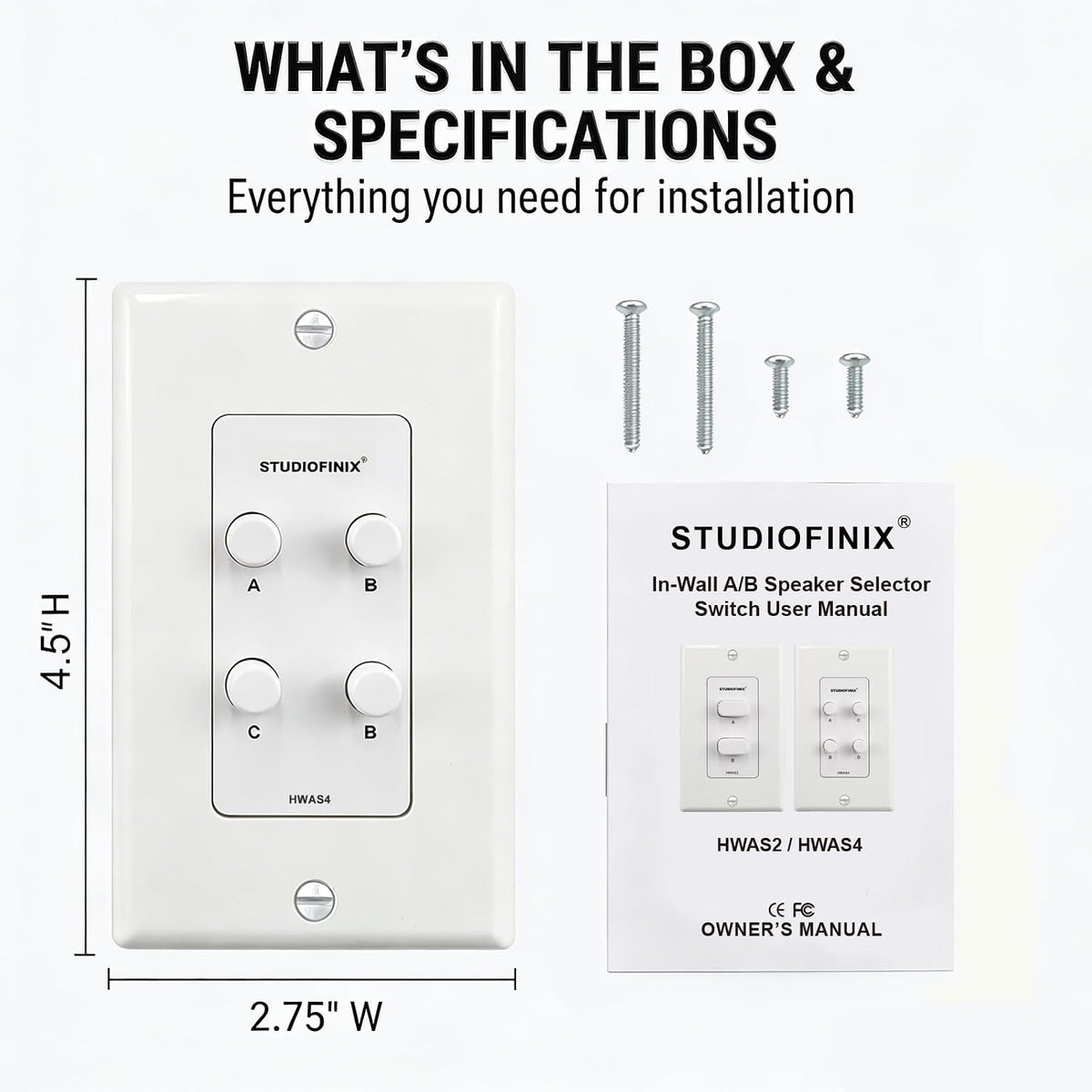 STUDIOFINIX in-Wall 4-Zone A/B/C/D Speaker Selector Switch, 120W Peak Power Per Channel Speaker Controller Box, Controls 4 Pairs of Speakers, Fits Standard Single-Gang Wall Box for Whole-Home Stereo