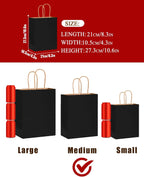 100-Pack Medium Size Gift Paper Bags with Handles Bulk 10.6"x8.3"x4.3" Black Party Kraft Shopping Bags