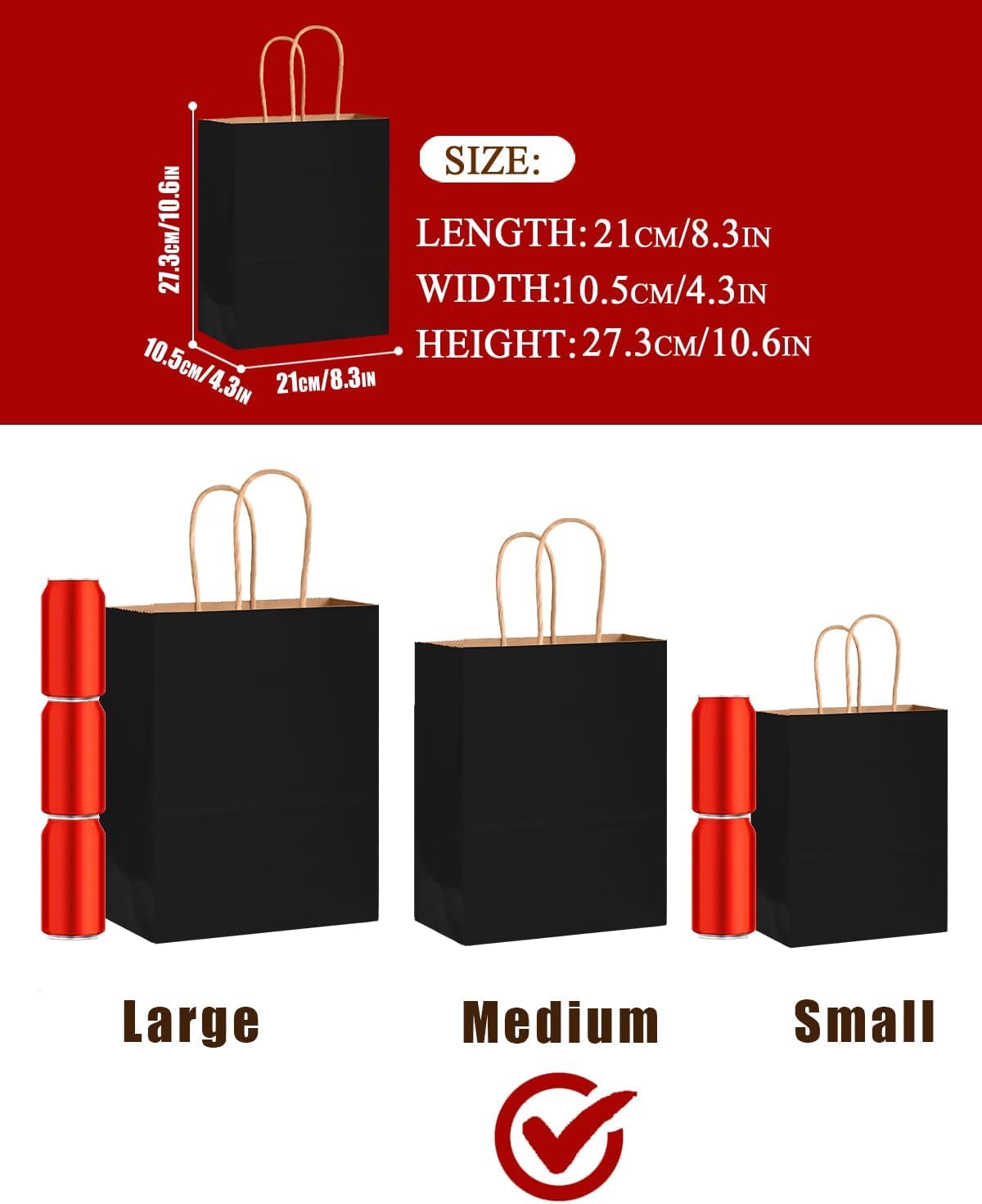 100-Pack Medium Size Gift Paper Bags with Handles Bulk 10.6"x8.3"x4.3" Black Party Kraft Shopping Bags