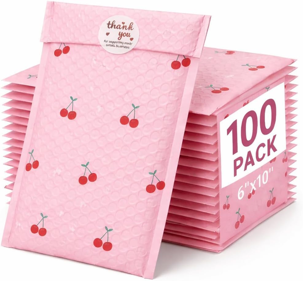 6x10" Bubble Mailers 100 Pack Cherry Pattern Pink Padded Envelopes