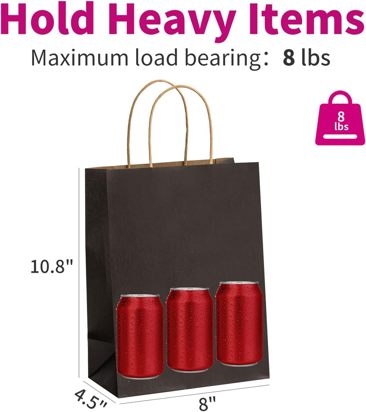 Black Gift Paper Bags 100 Pack 8x4.5x10.8 in with Handles