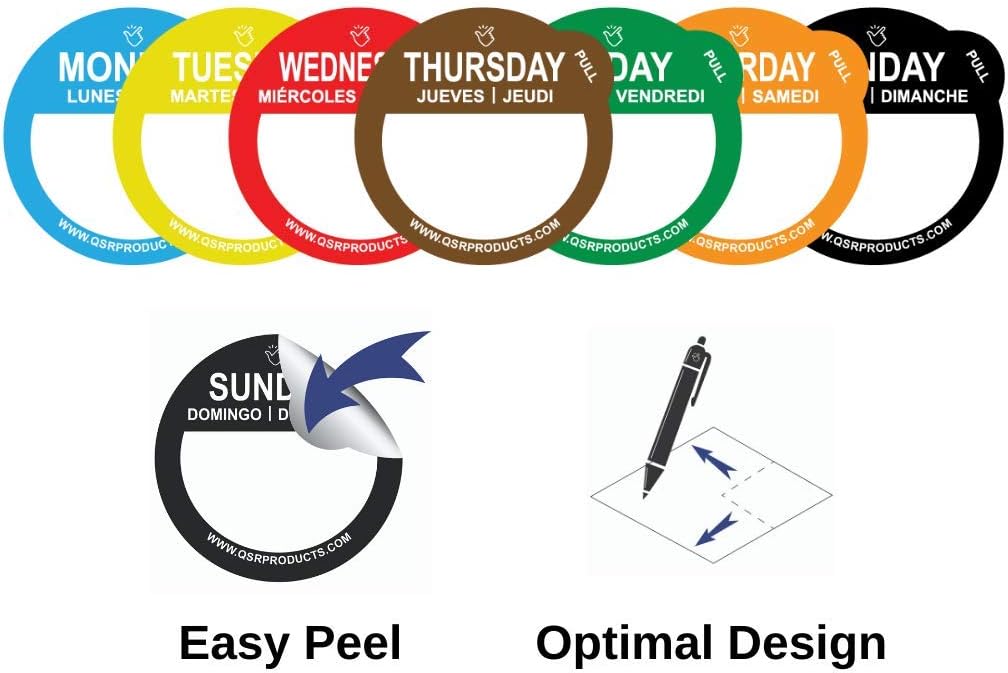 Removable Day Label - 1 inch - Peel Tab - Week (Mon-Sun) (7000 Stickers) - Food and Restaurant Day Dots - FIFO