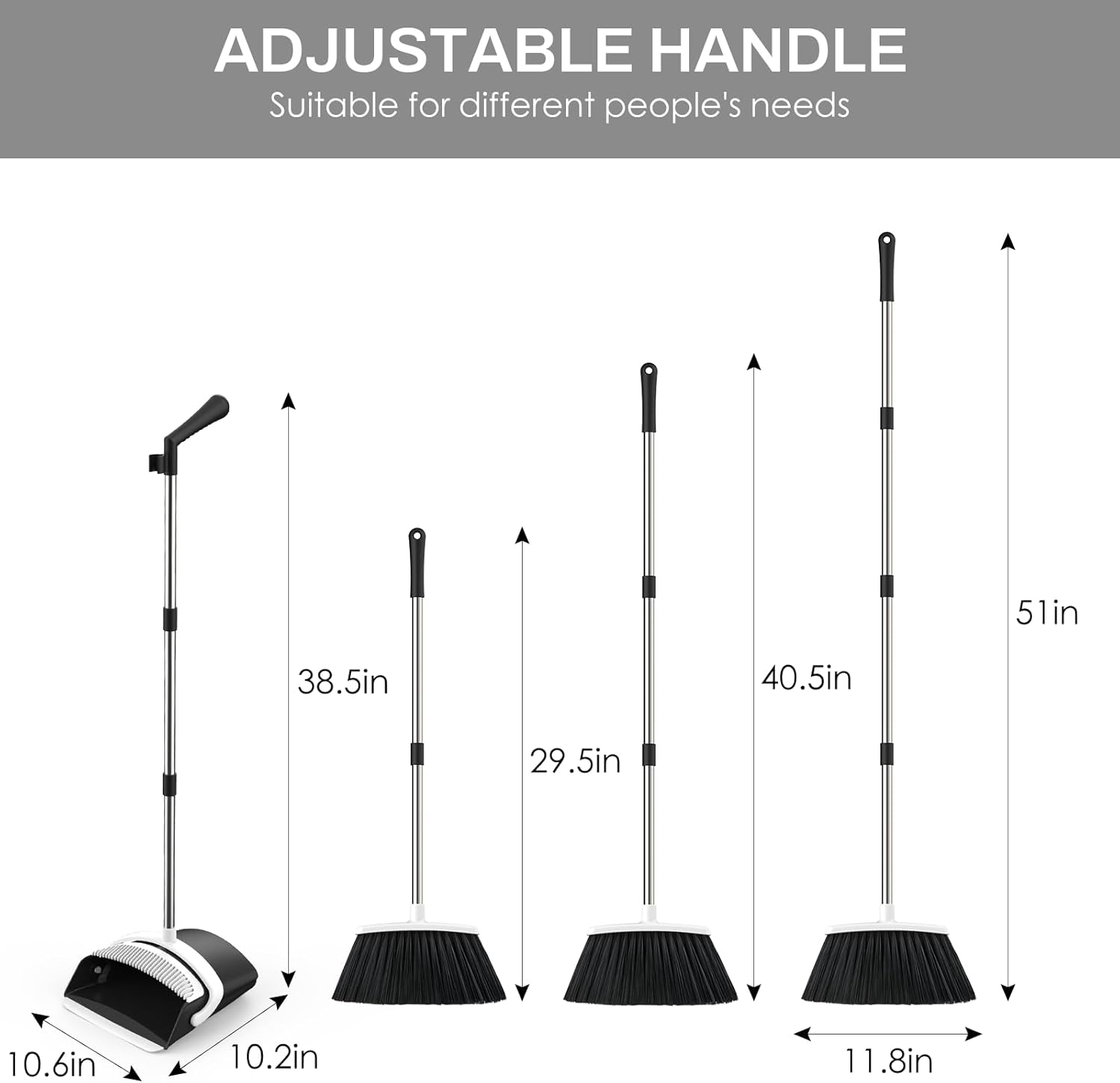 Broom and Dustpan Set for Home, 51-in Long Adjustable Handle Angle Broom and Dustpan Combo Set with Dust Pan Teeth to