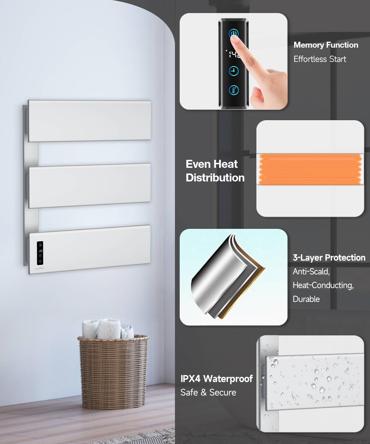 Towel Warmers for Bathroom, Heated Towel Rack Wall Mounted, Brushed Nickel | 21.6" X 17.7" Smart LED Control, Plug-in
