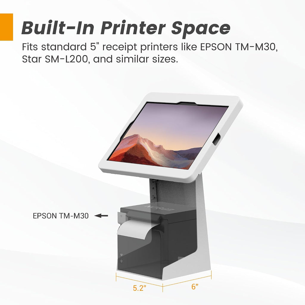All-in-One Tablet POS Stand with Printer Compartment, All Metal Desktop Kiosk with Key Lock, 90° Flip Enclosure
