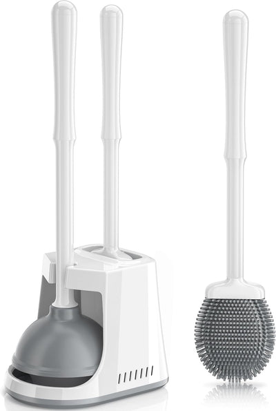 Unique Toilet Plunger and Brush, Silicone Brush and Heavy Duty Toilet Plunger Set with Ventilated Holder, 2-in-1