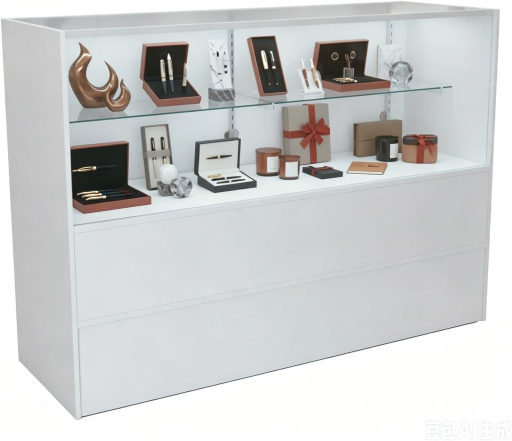 60" W x 18" D x 38" H - White Full View Retail Display Case, Illuminated Glass Display Cabinet with Adjustable Glass