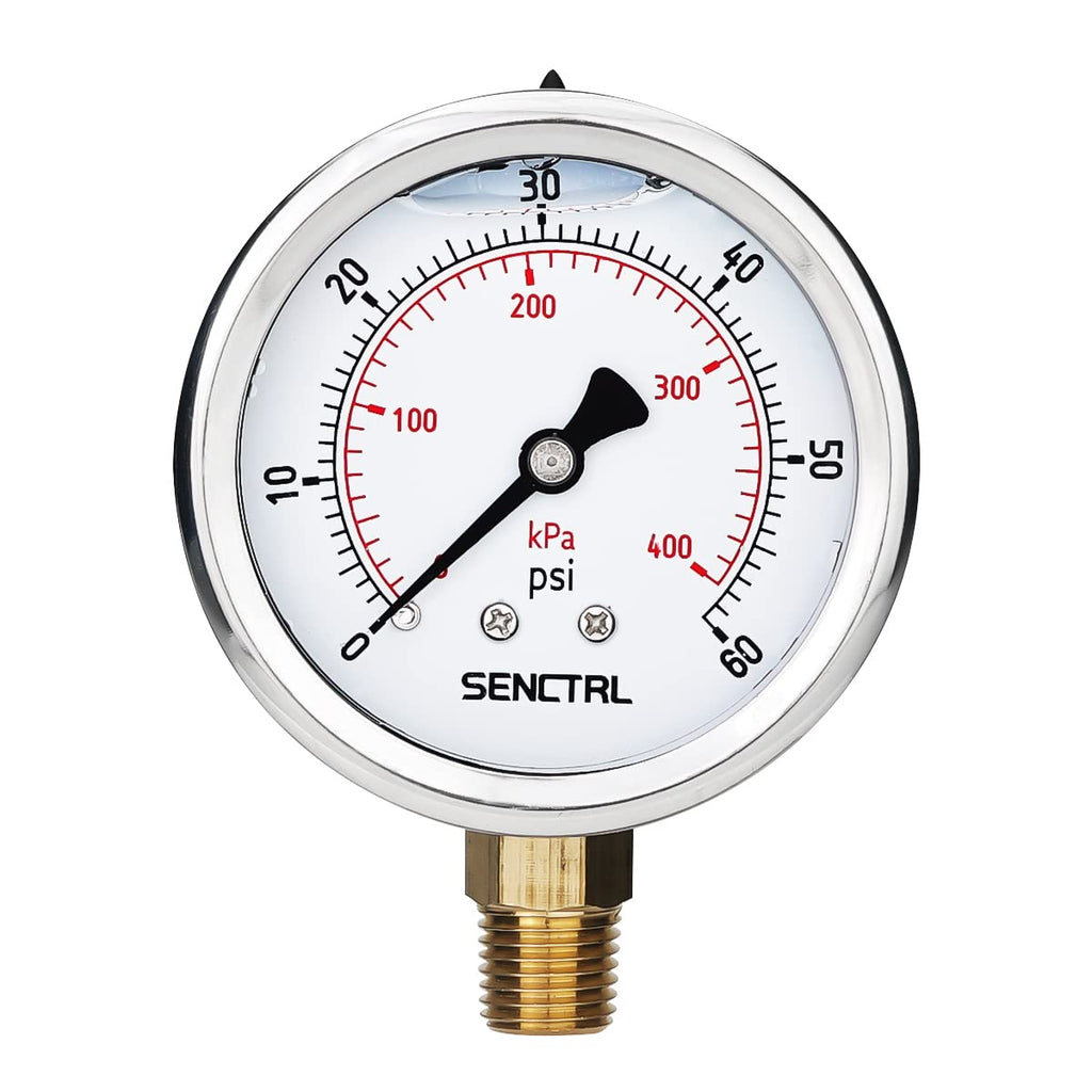 SENCTRL 0-60 Psi Liquid Filled Low Pressure Gauge, 1/4" NPT Lower Mount