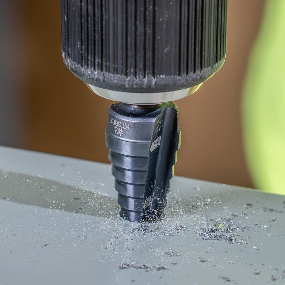 Klein Tools KTSB03 Step Drill Bit Double Fluted #3, 1/4 to 3/4-Inch with Easy-to-Read Markings and Targets, 3/8-Inch Hex Shank