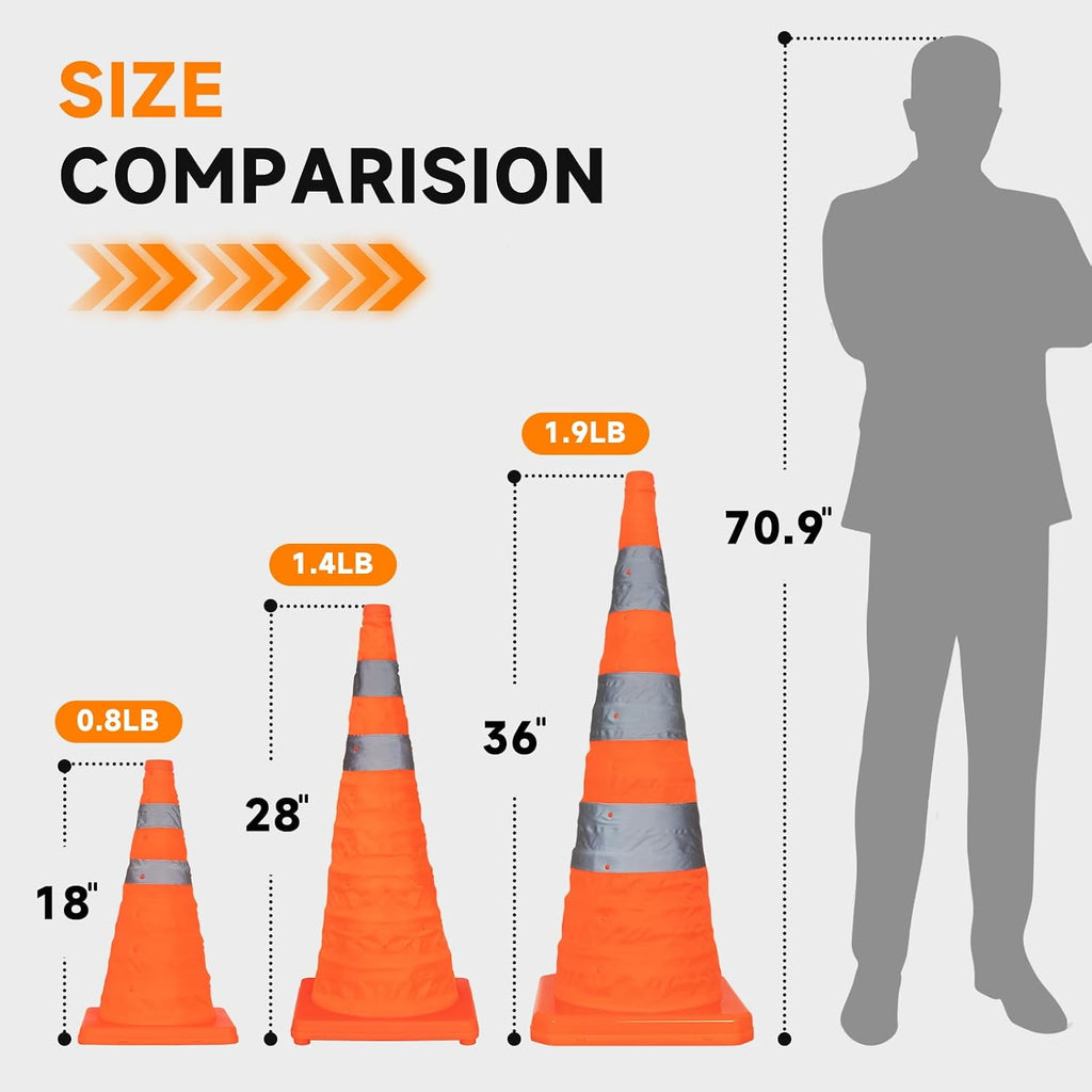Collapsible Traffic Safety Cones, [4 Pack] 28 Inch Orange Cones, Multi Purpose Pop-up Cones with Reflective Collar