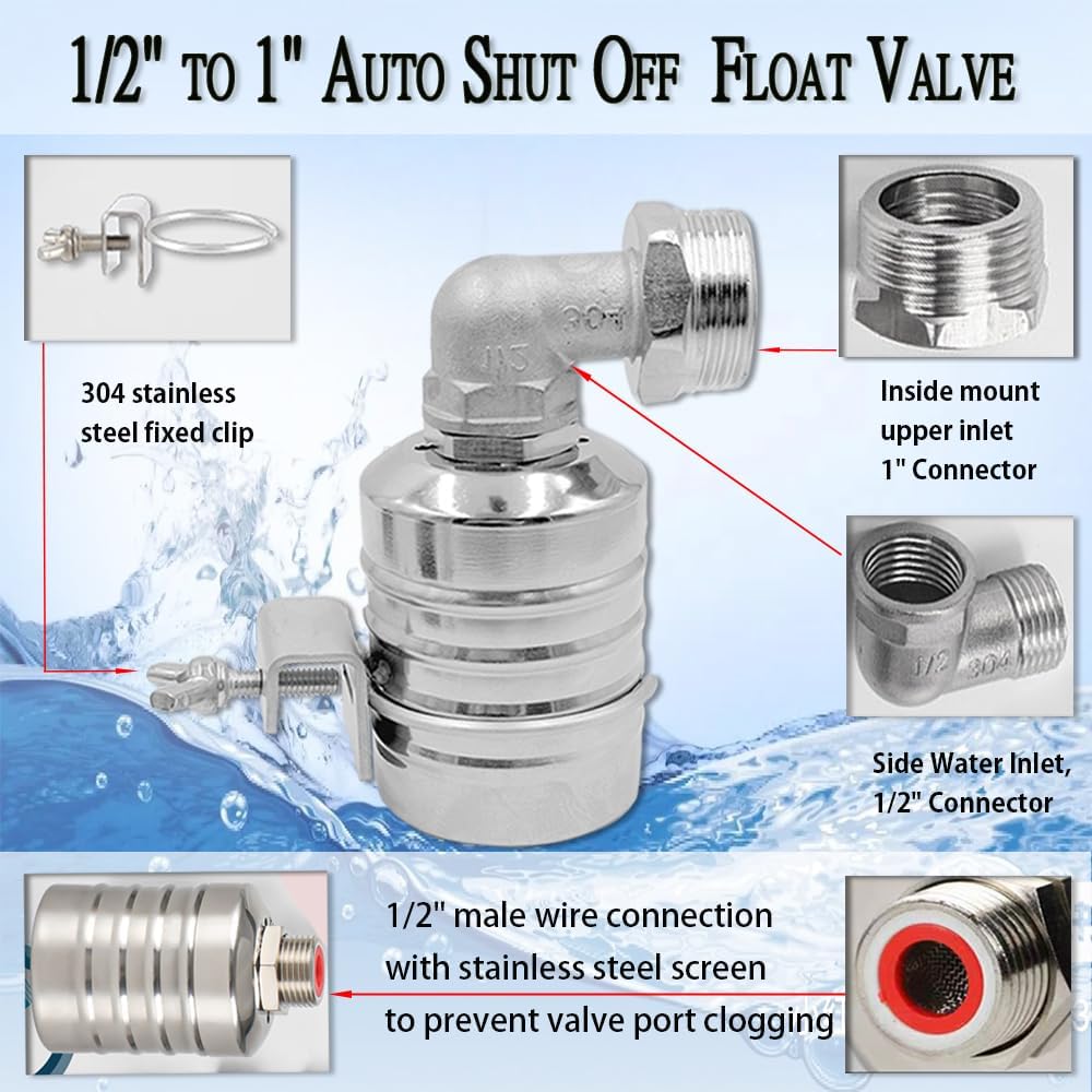 Float Valve,1/2" to 1'' water level control float valve, 304 Stainless Steel Fully Automatic water shut off valve