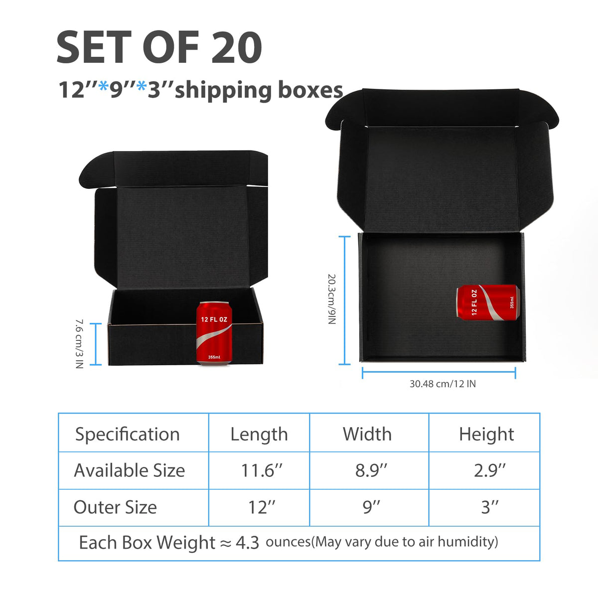 Black Shipping Boxes 12x9x3 Inches, 20 Pack