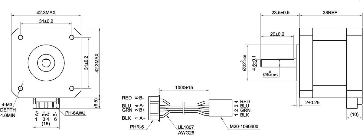 STEPPERONLINE Nema 17 Stepper Motor Bipolar 1.5A 42Ncm 42x42x38mm 1.8deg 4 Wires with 1m Cable and Connector (5 Pack)