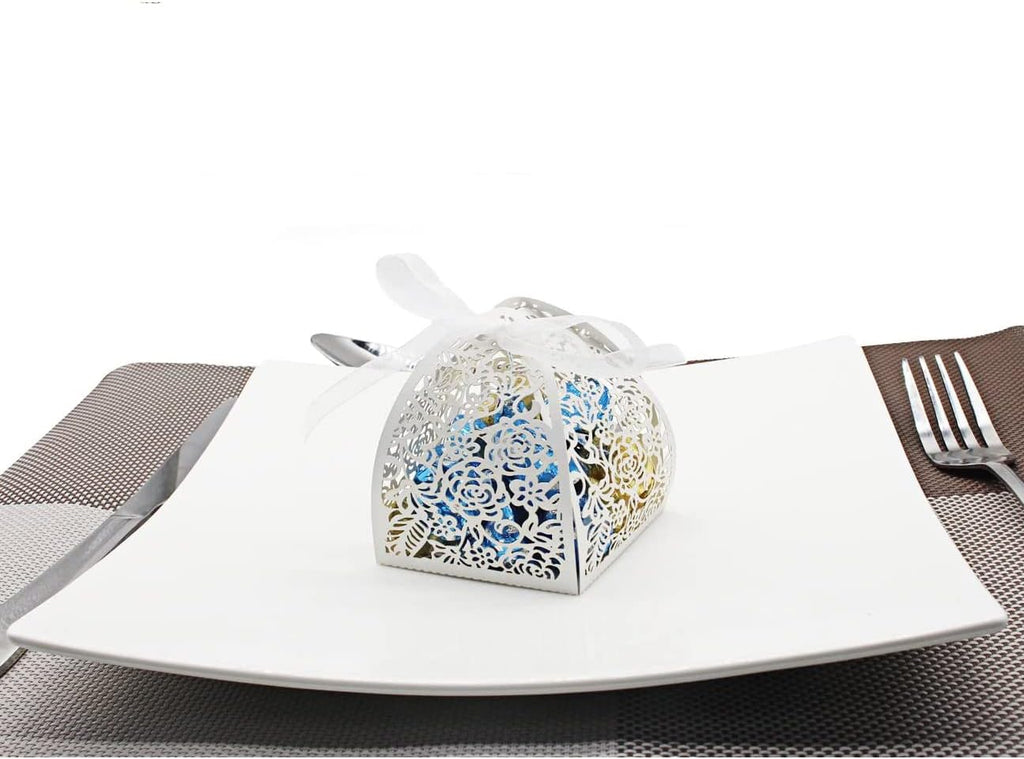 Pack of 100 Laser Cut Rose Candy Boxes, Favor Boxes 2.5"x 2.5"x 3.1", Gift Boxes Bridal Shower Anniverary Birthday
