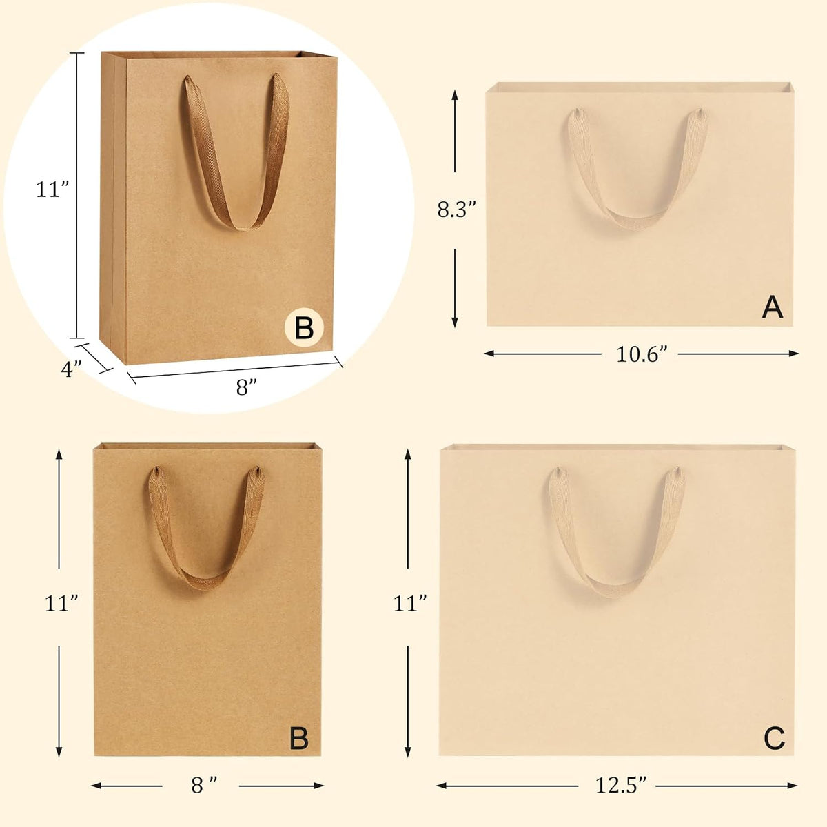 Gift Bags with Handles 8x4x11 Inch Medium Brown 25 Pack