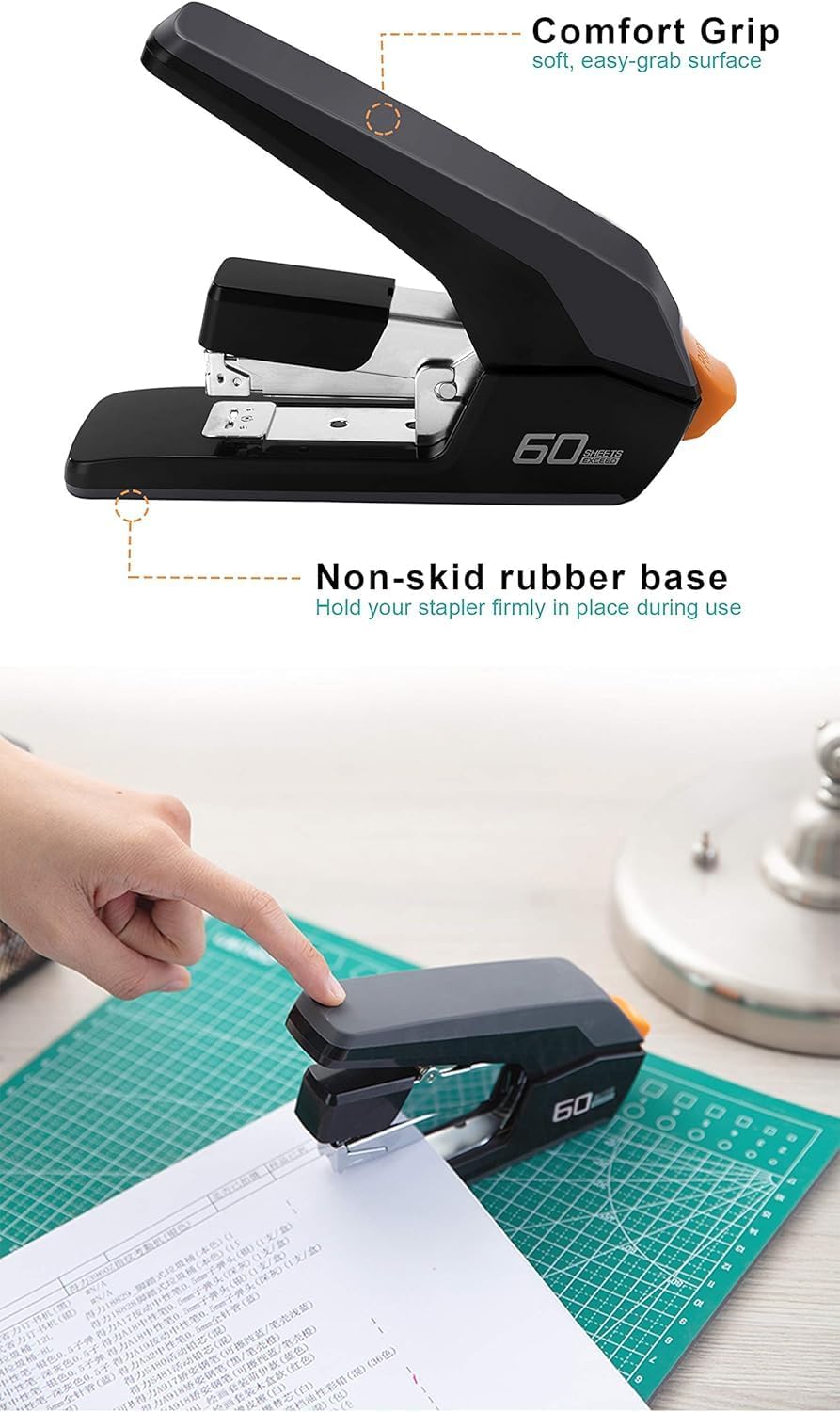 Effortless Heavy Duty Stapler, One Touch Stapling, Easy to Load Ergonomic Stapler, 60 Sheet Capacity, Includes 2000