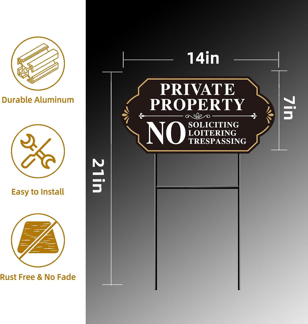 Private Property No Soliciting Sign for House, No Soliciting Yard Sign, 2-Pack 14"x7" Double-Sided H-Stake Metal