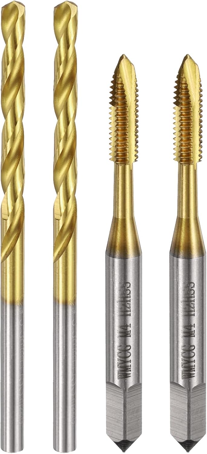 uxcell Metric Tap & Drill Bit Set, 2pcs M4 x 0.7 Spiral Point Thread Taps and 2pcs 3.3mm Twist Drill Bits, Titanium Coated HSS6542 Screw Tapping Threading Tools