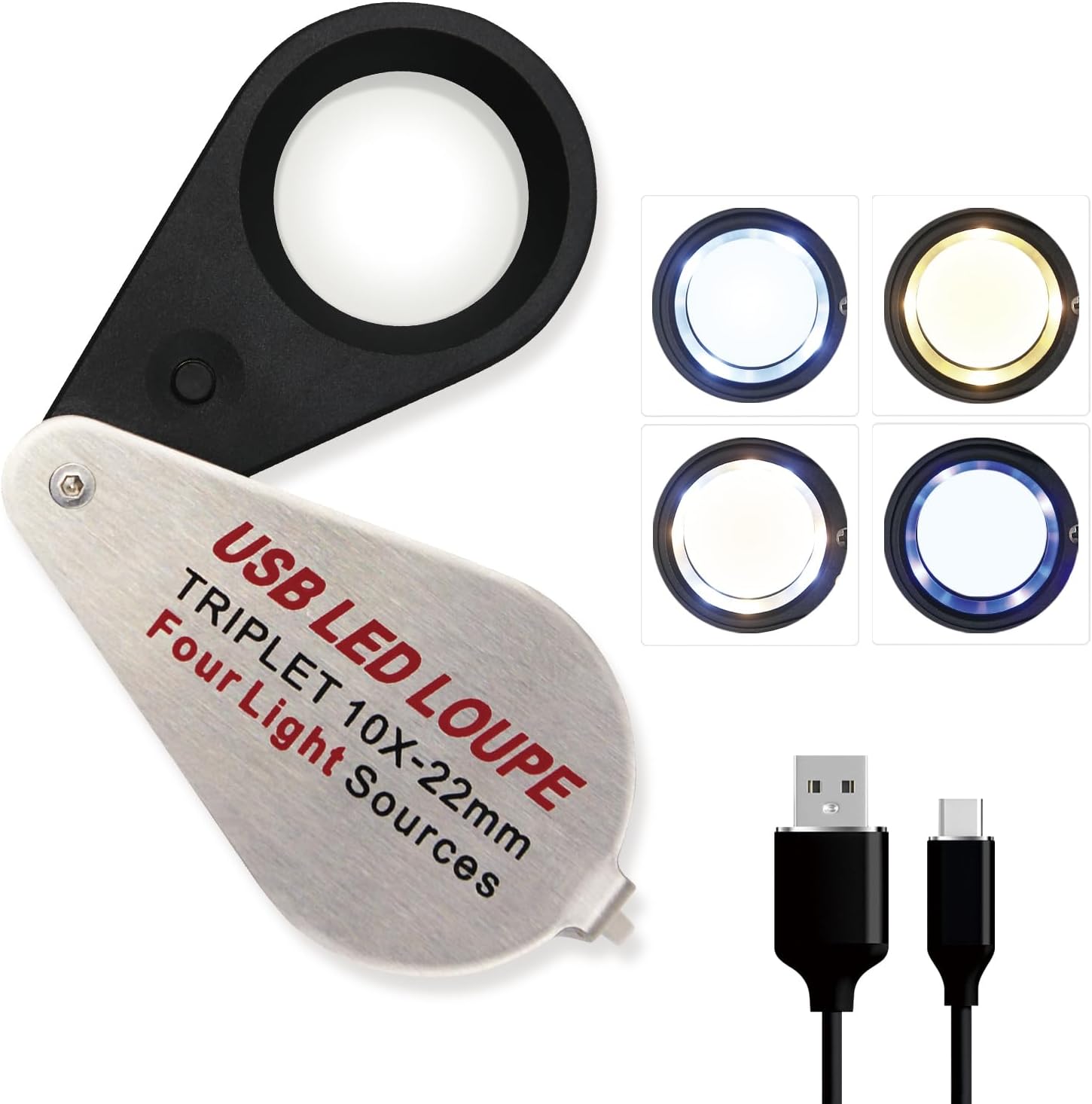 10X Rechargeable Jewelers Loupe with UV & LED Lights, Four Light Modes, Illuminated 22mm Eye Loop Magnifier Pocket