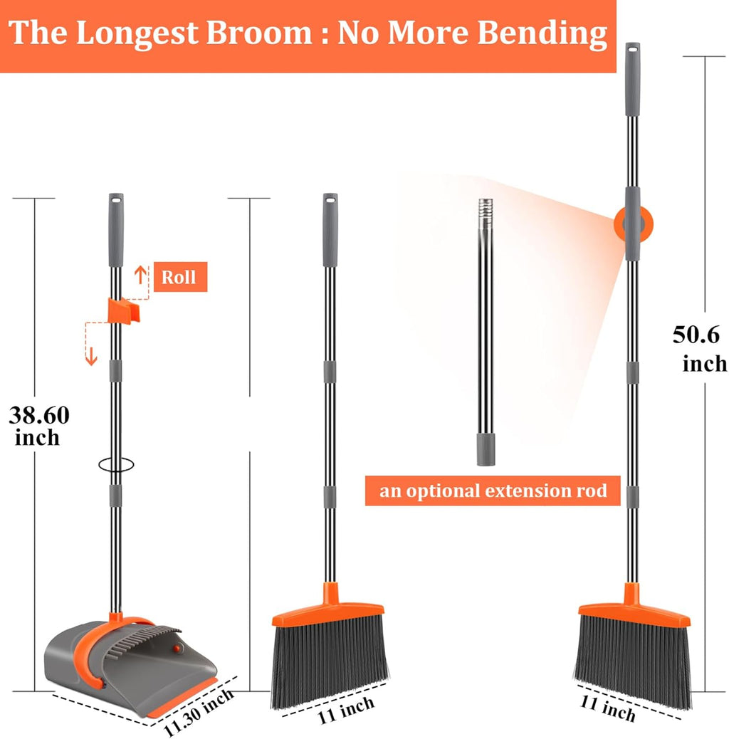 Broom and Dustpan Set for Home, Broom and Dustpan Combo for Office, Long Handle Broom with Upright Standing Dust