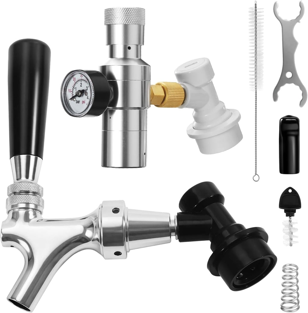 Ball Lock Keg Tap and 0-60PSI Mini Co2 Regulator Set | Stainless Steel Self-Closing Ball Lock Beer Faucet, Mini Beer