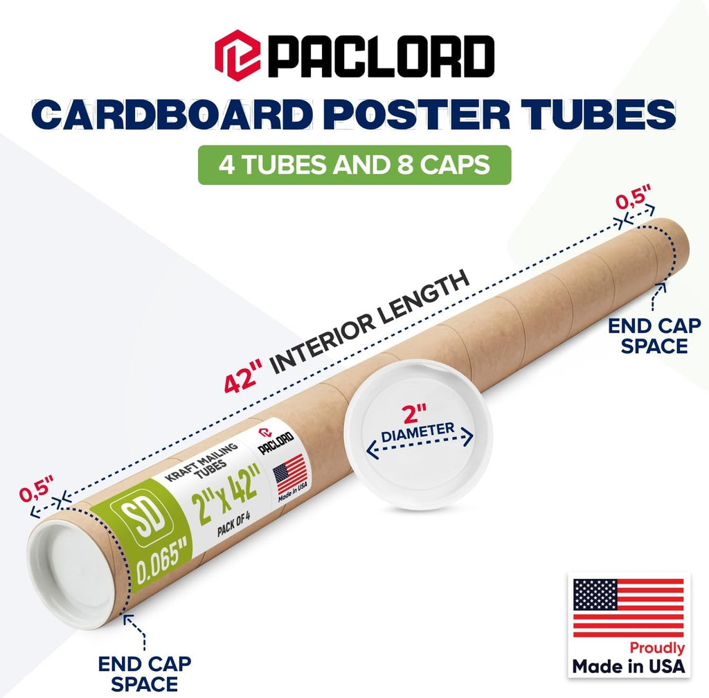 2" x 42" Made in USA Kraft Paper Mailing Tube, 4 Tubes, 8 Caps