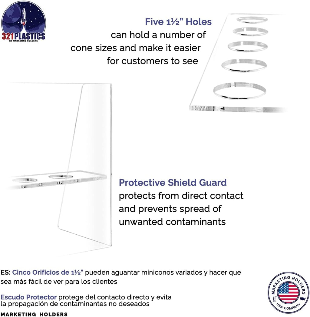 Ice Cream Cone Holder 5 Slot Clear Acrylic Countertop Dessert Display with Sneeze Guard for Restaurants Catered