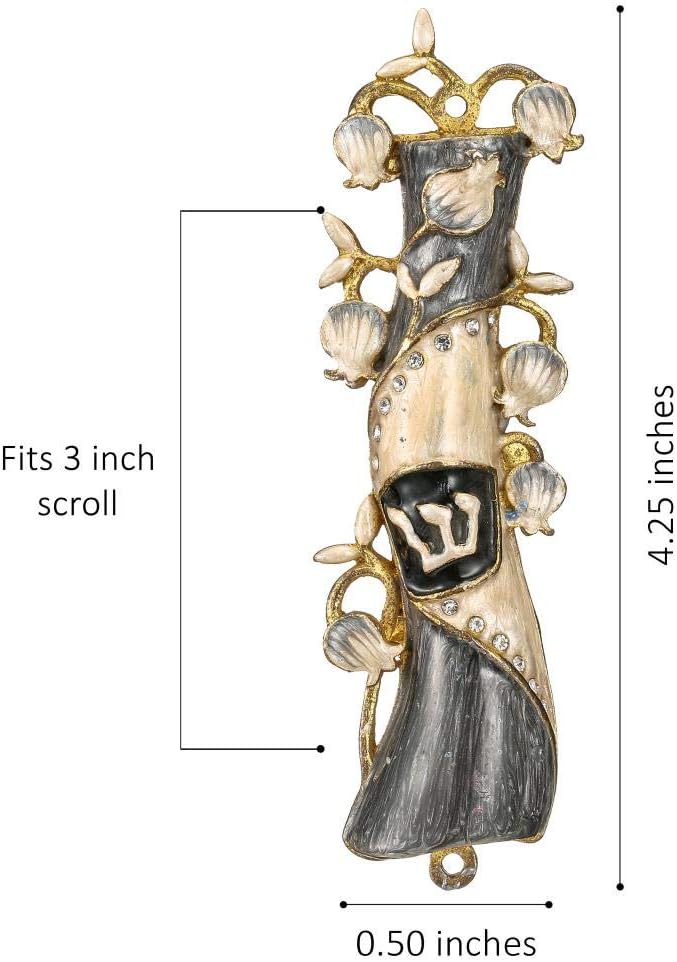Mezuzah for Door with Scroll, Hand Painted Grey & Gold Enamel